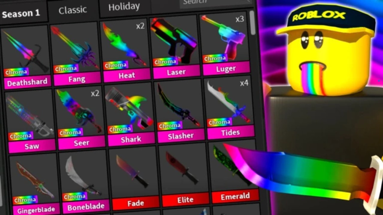 Chroma knife and gun inventory in ALL CHROMAS GAME showing Deathshard, Fang, Heat, Laser, Luger, Saw, Seer, Shark, Slasher, and Tides